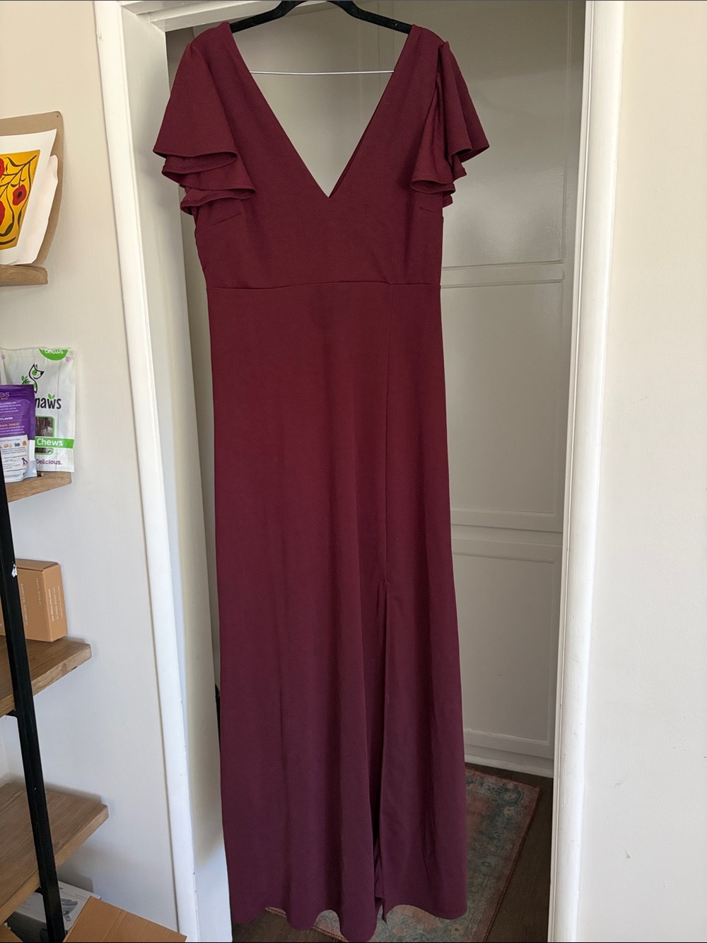 Birdy Grey Burgundy V-Neck Maxi Dress with Flutter Sleeves